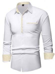 Calvornis Men's White Casual Shirt With Floral Accents Long Sleeve Collared Pocket Regular Fit - White - View 3
