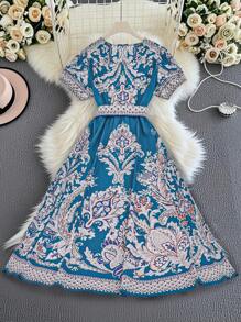 SHEIN LUNE 大码女式 X 形 V 领短袖优雅蓝色印花节日连衣裙 - 藍色 - 查看 2