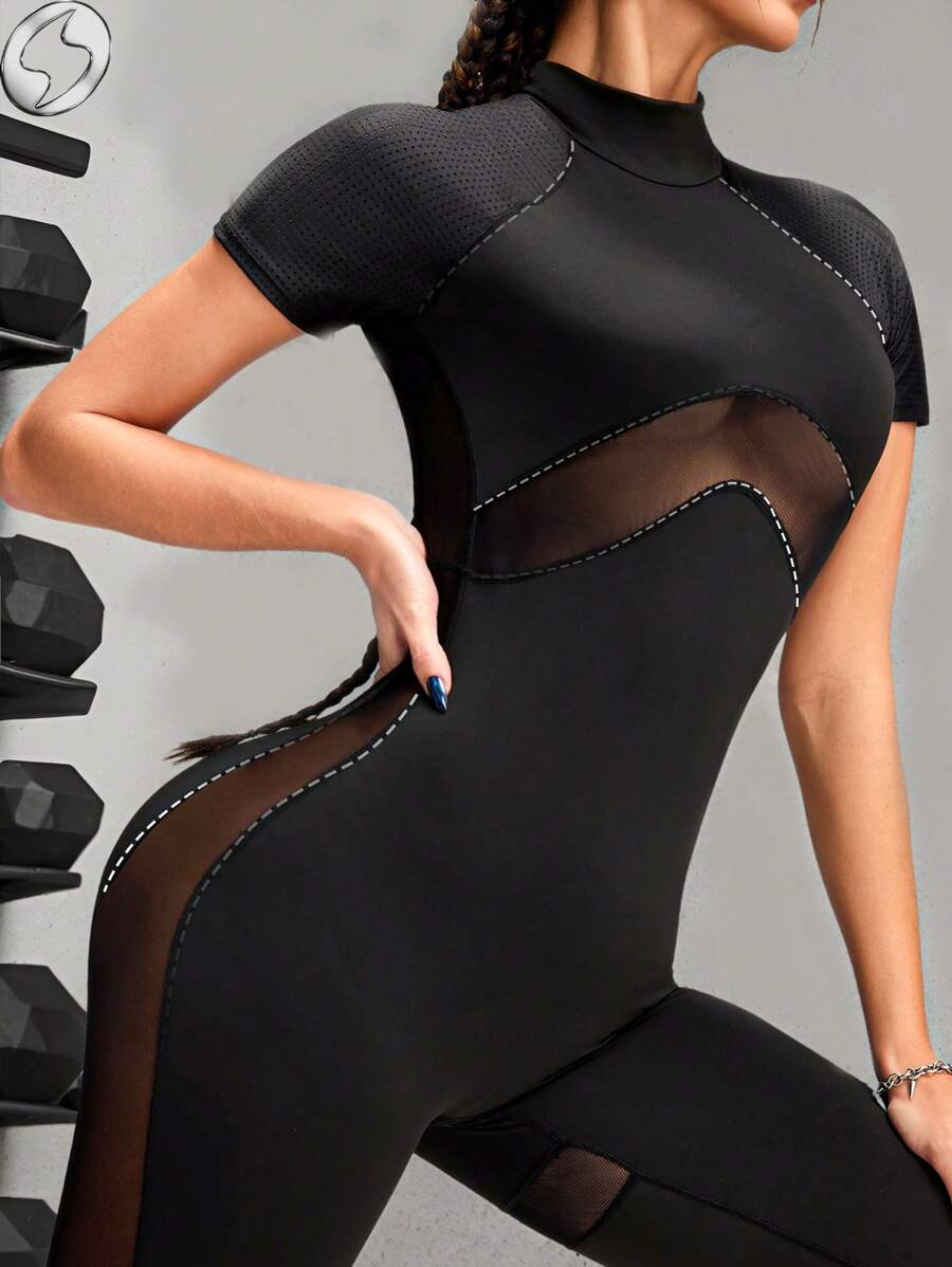 Innovista Women Solid Color Stand Collar Short Sleeve Splice Mesh Jumpsuit - Black - View 1