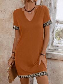 SHEIN LUNE Women's Summer Patchwork Ribbon Cutout Neck Short Sleeve Dress - Camel - View 5