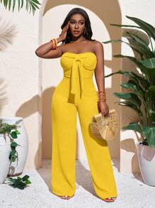 Slaydiva 新款春夏休闲度假性感优雅抹胸蝴蝶结直筒阔腿超长裤橙色罗纹针织女连体裤 - 黃色 - 查看 4