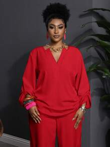 Slaydiva Plus Size Women Casual Solid Notch Neck Long Sleeve Top And Pants 2 Pieces Set Fall - Red - View 4