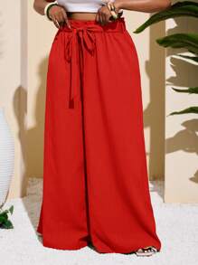 Slaydiva Plus Size Women Casual & Vacation & Minimalist & Colorful Textured Striped Green Straight Leg Pants - Red - View 7