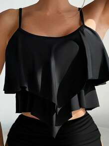 Swim Lushoire Set de bikini de 2 piezas con top con volantes y Bottom de estampado de leopardo de talle alto para mujer, perfecto para vacaciones de verano - Negro - Ver 3