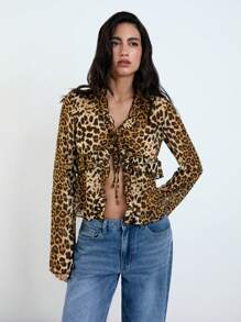 Maija 2025 年夏季新品优雅摩登婚礼宾客、早午餐、机场、波西米亚度假、音乐节、复活节、毕业典礼、日常休闲性感豹纹、系带、荷叶边下摆设计女式衬衫