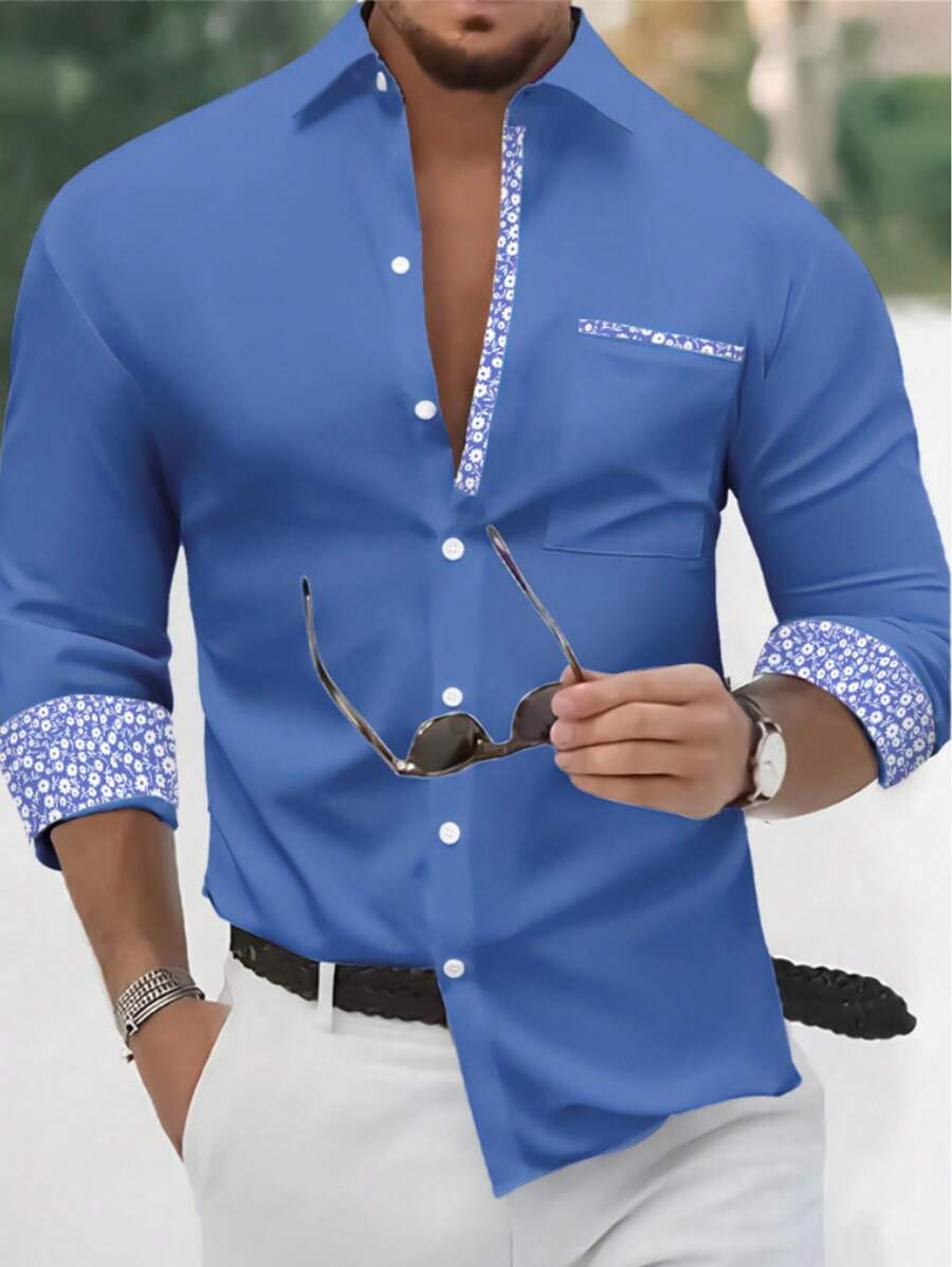 Calvornis Loose Fit Men's Floral Printed Button Up Shirt, Fall - Blue - View 1