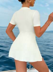 Swim Shayni Women's Beige Floral Print Premium Elegant Short Sleeve Shorts & Split Skirt 2 Pieces Suit, Burkini For Spring And Summer Vacation, Beach - Beige - View 3