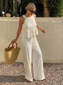 Livesso 2Pcs/Set Women's Summer Vacation Casual Solid Color Ruffled Hem Top And Pants Set - Apricot - View 4
