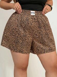 SHEIN Tall CURVE Quần short thường ngày cạp chun họa tiết da báo, cỡ lớn - màu nâu - Xem 5