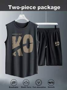 Manfinity Sport Corelite Letter Print Round Neck Tank Top And Drawstring Waist Shorts Sports Suit Comfortable Breathable Baggy For Workout Training Gym Set - Black - View 1