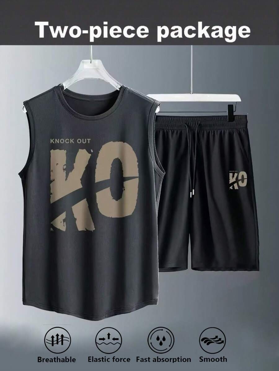 Manfinity Sport Corelite Letter Print Round Neck Tank Top And Drawstring Waist Shorts Sports Suit Comfortable Breathable Baggy For Workout Training Gym Set - Black - View 1