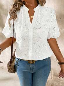 SHEIN LUNE V-Neck Embroidered Fabric White Short Sleeve Women Shirt, Vacation Casual - White - View 1