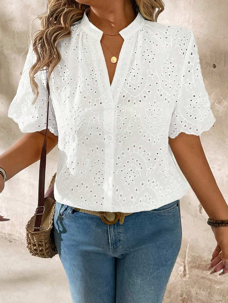 SHEIN LUNE V-Neck Embroidered Fabric White Short Sleeve Women Shirt, Vacation Casual - White - View 1