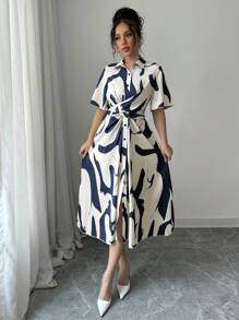 Elenzga Women All-Over Print Button Front Short Sleeve Midi Dress, Elegant - Blue - View 7