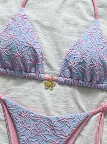 Swim Mod 2pcs/Set Springbreak Vacation Floral Texture Halter Triangle Side Tie Swim Trunks Cute Bikini Swimsuit For Summer