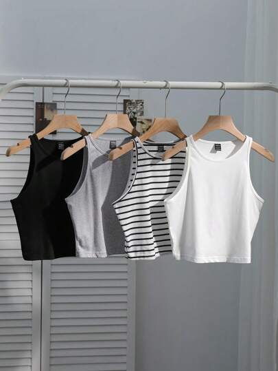 SHEIN EZwear Conjunto informal de 4 piezas para mujer con top ajustado a rayas blancas y negras, versátil y sexy para el verano