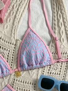 SHEIN Swim 2pcs Women Beach Summer Outfits: Textured Floral Pattern Spaghetti Strap Crop Top And High Cut Swim Trunks, Vacation Bikini Set - Multicolor - View 4