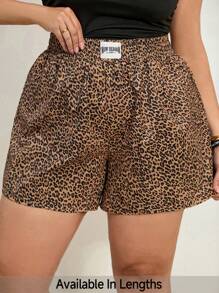 SHEIN Tall CURVE Quần short thường ngày cạp chun họa tiết da báo, cỡ lớn - màu nâu - Xem 1
