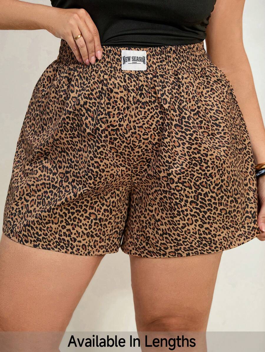 SHEIN Tall CURVE Quần short thường ngày cạp chun họa tiết da báo, cỡ lớn - màu nâu - Xem 1