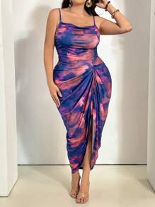 SHEIN Tall CURVE 大码女式 V 领开叉拼色扎染印花连衣裙，适合日常、节日、约会、派对场合