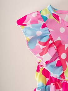 Young Girls 2pcs/Set Summer Floral Print Ruffle Hem Vest And Ruffle Trim Denim Shorts, Suitable For Beach Vacation