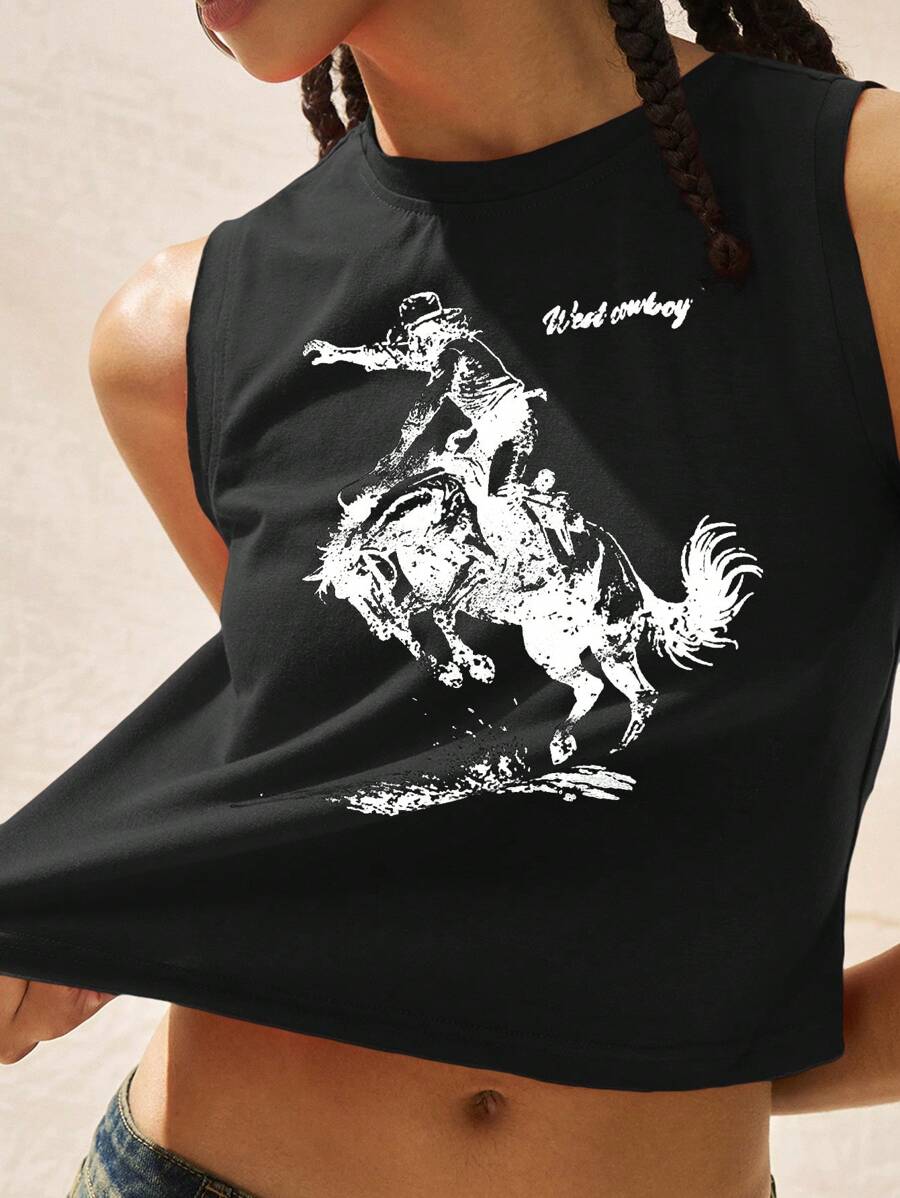 Easelle 女式复古休闲西部牛仔游牧图案圆领卷边短款修身背心