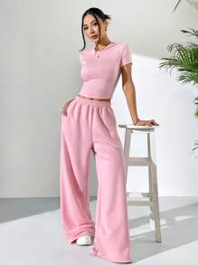 SHEIN EZwear 2 件套夏季灰色紧身短袖 T 恤和宽松运动裤休闲装 - 粉色 - 查看 3