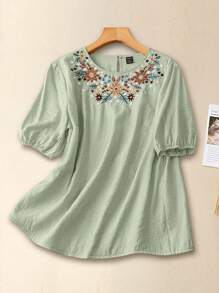 EMERY ROSE 休闲花卉刺绣灯笼袖衬衫，夏季 - 綠色 - 查看 1