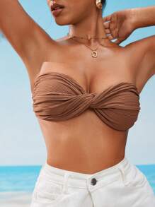Swim Vcay 女士纯色扭纹抹胸泳衣上衣，适合度假和海滩 - 棕色 - 查看 5