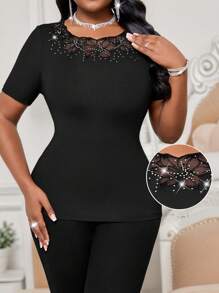 SHEIN Lady Camiseta de manga corta con cuello de volantes bordada, elegante, para ir a la oficina, tallas grandes, apta para primavera, verano y otoño