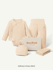 Cozy Pixies 4 件套新生女婴针织柔软圆领长袖连体衣、肚兜裤、帽子和襁褓毯