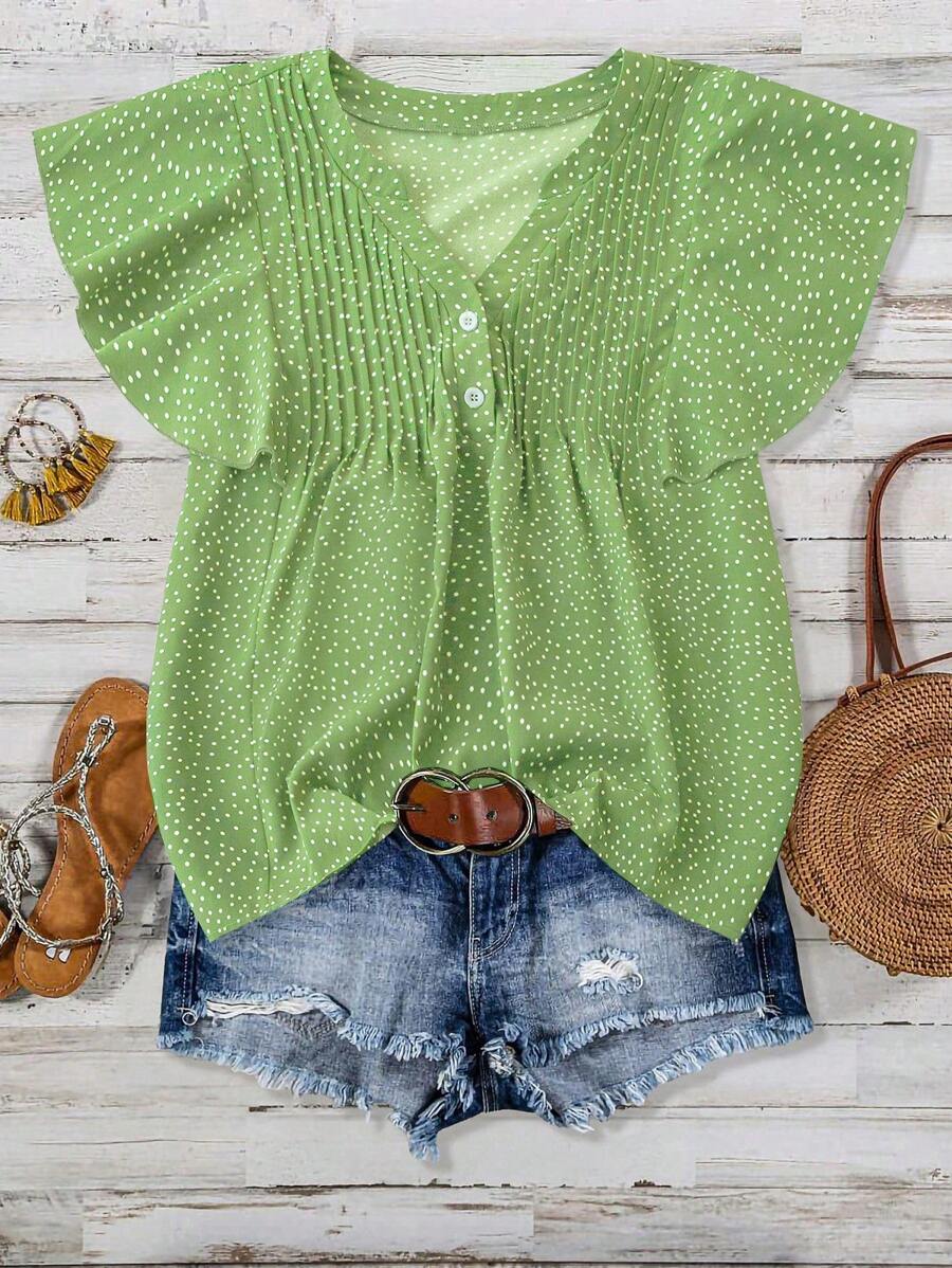 Linhara Plus Size Women's Polka Dot V-Neck Ruffle Sleeve Blouse - Green - View 1
