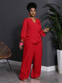 Slaydiva Plus Size Women Casual Solid Notch Neck Long Sleeve Top And Pants 2 Pieces Set Fall - Red - View 3