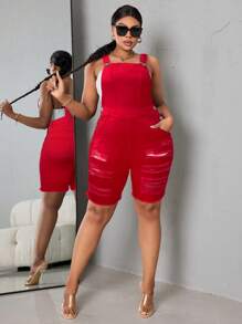 Bộ đồ liền thân denim rách cỡ lớn có túi cho nữ - Đỏ - Xem 3