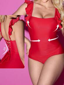 Shapewave 1pc Women Tummy Control Ruffle Trim Swimsuit, One-Piece Halter Neck Style, Suitable For Spring/Summer Beach, Holiday Party, Elegant Casual - Red - View 9