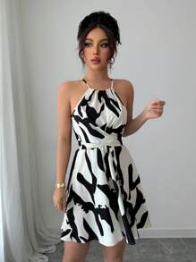 Elenzga Women's Black & White Print Elegant Suspender Sleeveless Dress - White - View 5