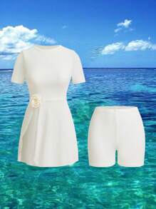 Swim Shayni Women's Beige Floral Print Premium Elegant Short Sleeve Shorts & Split Skirt 2 Pieces Suit, Burkini For Spring And Summer Vacation, Beach - Beige - View 2