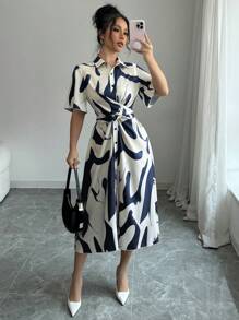 Elenzga Women All-Over Print Button Front Short Sleeve Midi Dress, Elegant - Blue - View 1