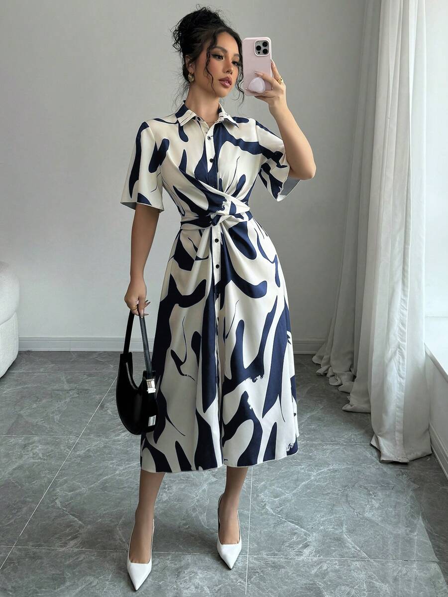 Elenzga Women All-Over Print Button Front Short Sleeve Midi Dress, Elegant - Blue - View 1