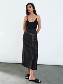 Maija 2025 Summer New Arrival Camisole Dress With Metal Chain Design,Black And Gold,Seksi Chic,Club Night,Wedding Guest Outfit,Bohemian Holiday,Graduation - Black - View 3