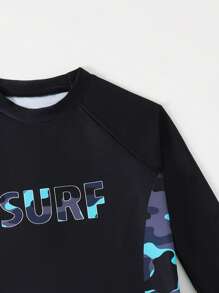 Tween Boy Summer Vacation Letter Camo Print Raglan Sleeve Top And Shorts Swimsuit Set, Random Print Kids Swimming ,Kids Beachwear - Multicolor - View 5