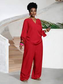 Slaydiva Plus Size Women Casual Solid Notch Neck Long Sleeve Top And Pants 2 Pieces Set Fall - Red - View 6