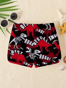 SHEIN Leap Crew Young Boy Casual Dinosaur Pattern Slim Fit Swim Trunks, Suitable For Summer - Red - View 2