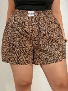 SHEIN Tall CURVE Quần short thường ngày cạp chun họa tiết da báo, cỡ lớn - màu nâu - Xem 6