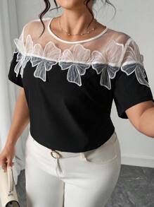 Elenzga Blouse en mousseline femme grande taille, casual et élégante, à manches courtes, coupe ample, panneaux transparents aux épaules, blocs de couleurs, volants, tissu en mousseline noire, printemps/été - Noir - Voir 1