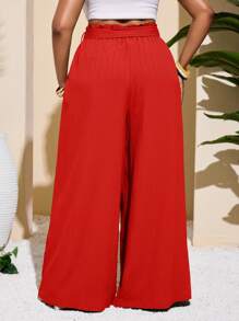 Slaydiva Plus Size Women Casual & Vacation & Minimalist & Colorful Textured Striped Green Straight Leg Pants - Red - View 2