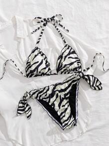 Swim Vcay Conjunto de bikini de 2 piezas con volantes con estampado de cebra, cierre delantero sin aros, elegante para vacaciones de verano - Blanco y Negro - Ver 4