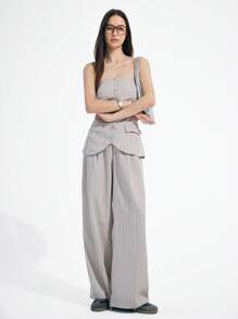 2 件套：女士米色条纹优雅设计吊带背心搭配长裤 - 彩色 - 查看 3