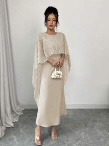 Elenzga Elegant Sequin Textured Cape Decor Dress - Apricot - View 3