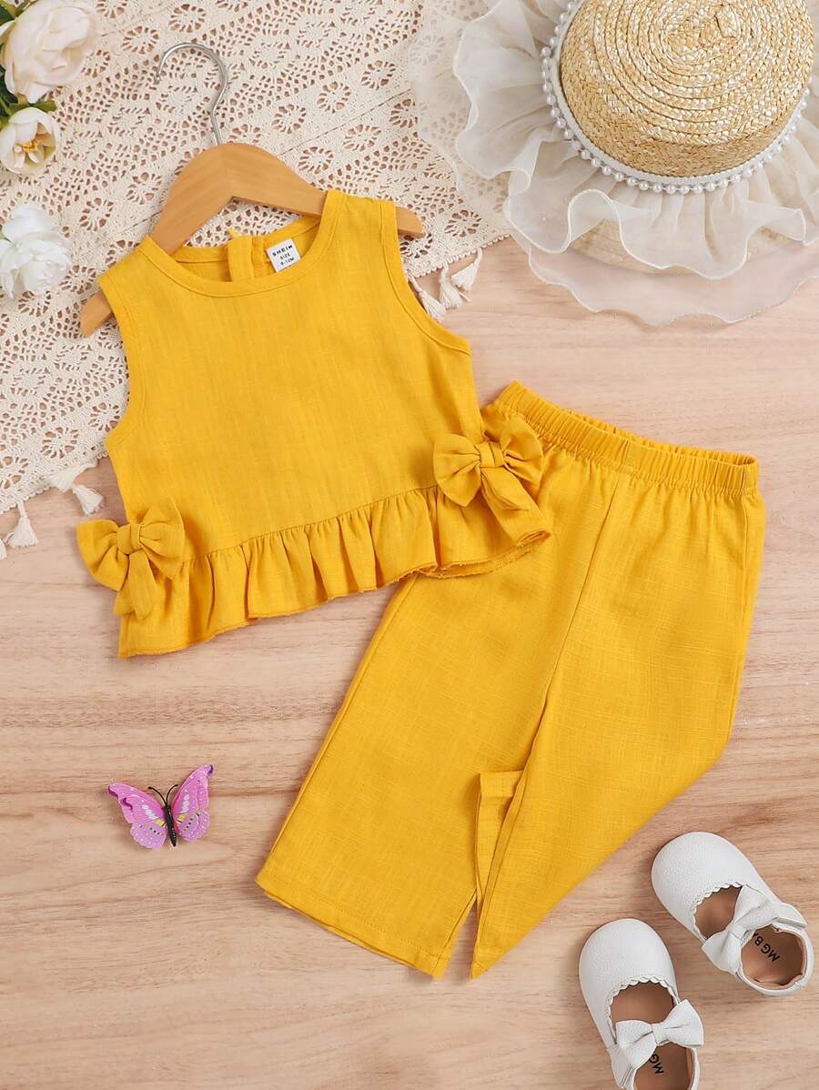 Toddler Girl Solid Sleeveless Tank Top And Flared Pants Set, Suitable For Outdoor Play, Vacation, And School - Yellow - View 1